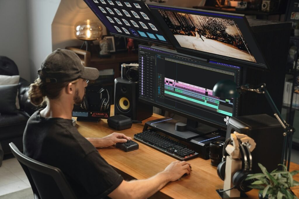Video editor working at a multi-monitor editing desk in a studio